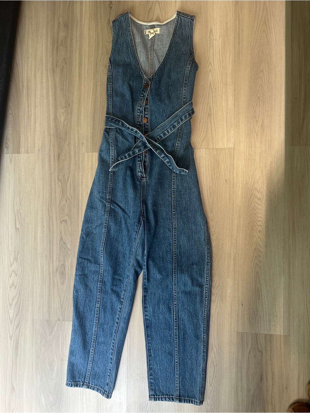 Madewell Sleeveless Denim Wrap Overalls in Blue
